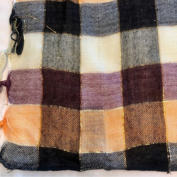 Forever 21 Scarf Square Buffalo Check Ivory Black Orange Metallic Thread Fringed - Picture 16 of 16
